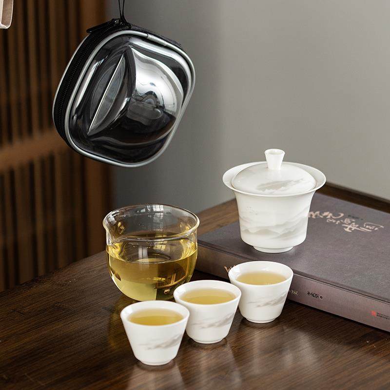德化羊脂玉旅行茶具盖碗套装户外旅行可携式玻璃快客杯小三杯陶瓷,餐饮具,旅行茶具,淘宝优惠券,粉丝福利购,淘宝优惠卷