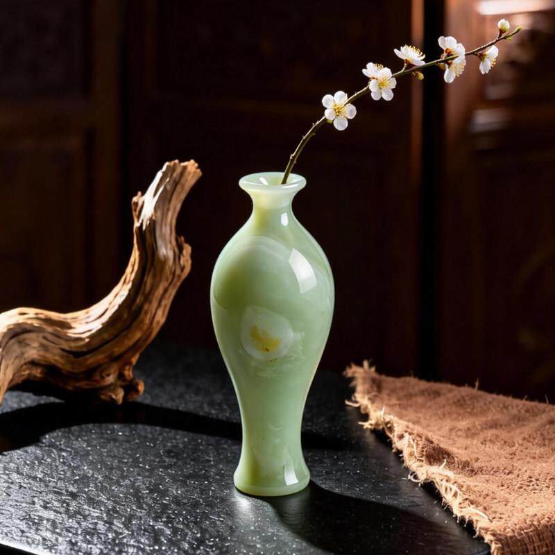 新中式青白色玉石花瓶摆件客厅插花装饰品玄关桌面花器