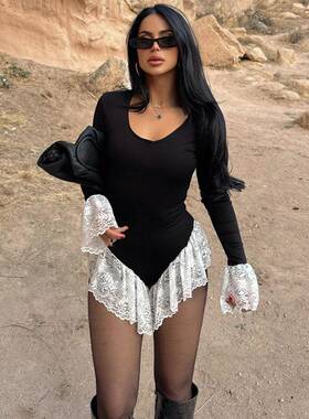 Women's Slim Fit Round Neck Color Block Long Sleeve Lace