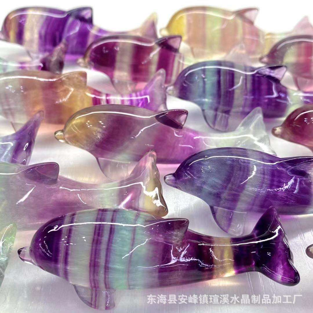 厂家天然七彩莹石海大小海豚手工雕刻摆件工艺品小海豚摆件