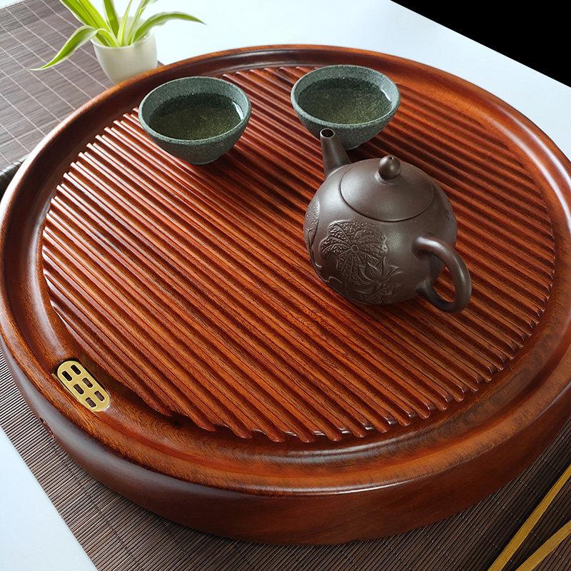 全红木实木圆茶盘小客厅茶几家用简易排水红木功夫茶具架
