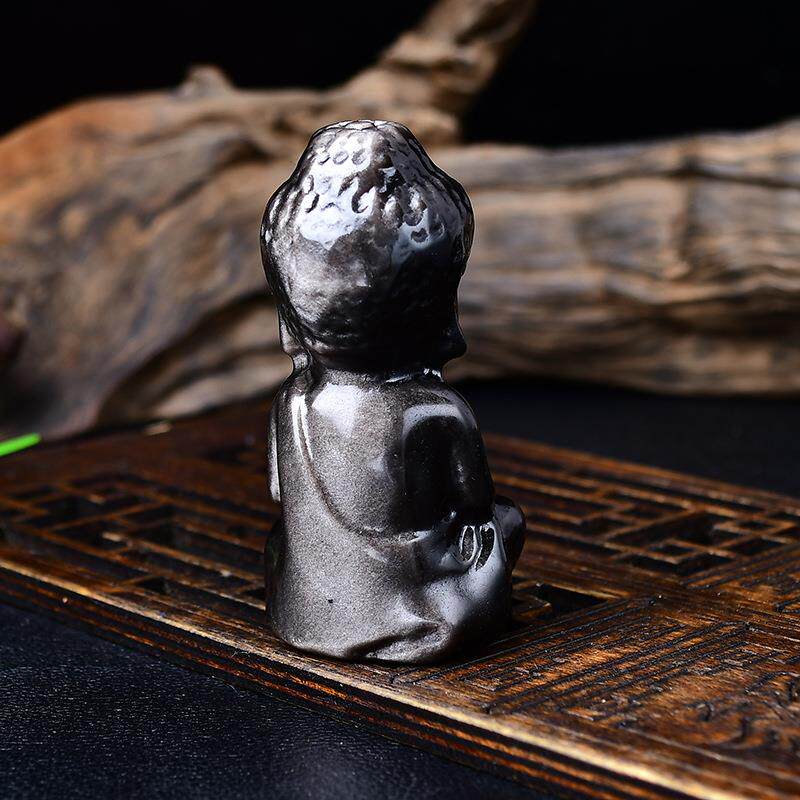天然银曜石宝宝佛摆件黑曜石原石雕刻车载水晶装饰工艺品