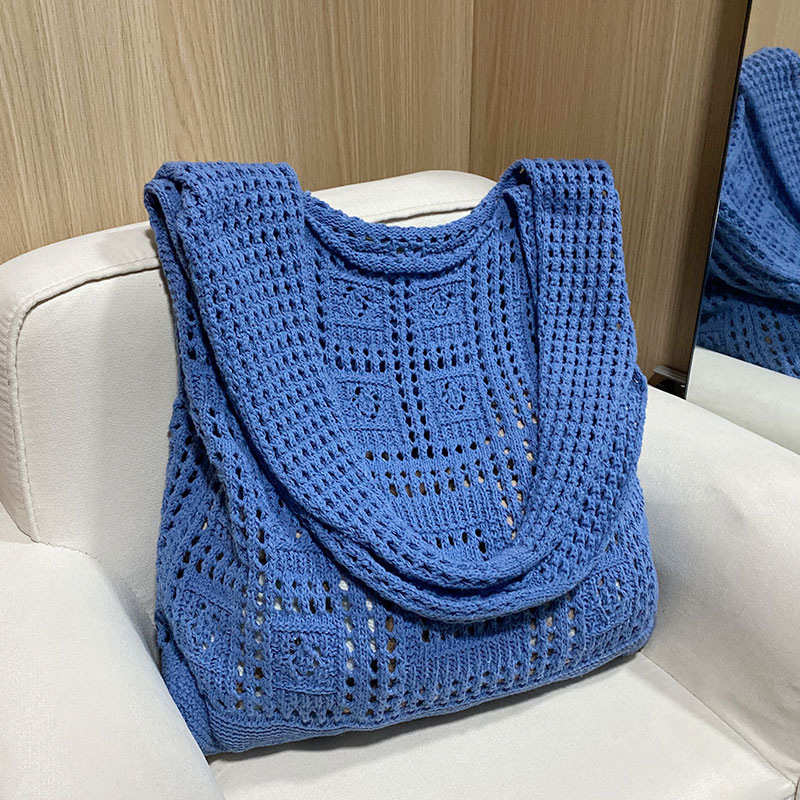 跨境针织编织包女春夏手拎包复古网眼镂空简约时尚女生单肩包敞口