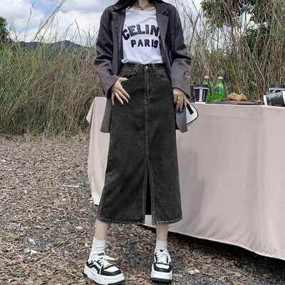 包臀长裙中长款高腰前开叉牛仔半身裙女过膝2025新款韩版a字洋气