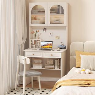 严实木窄书桌书架一体桌子卧室办公奶油风家用电脑桌小户型学习桌