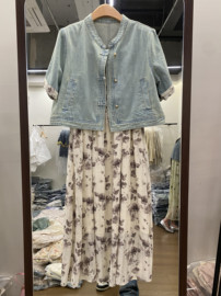 韩国24夏新翻边短袖国风牛仔，外套+花色吊带裙，韩版两件套盘扣套裙