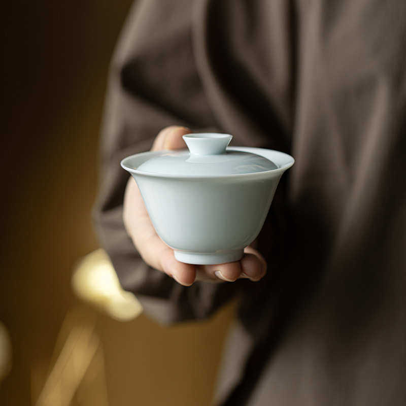 皓澜影青二才盖碗家用复古陶瓷泡茶碗功夫茶具带盖不烫手敬茶碗
