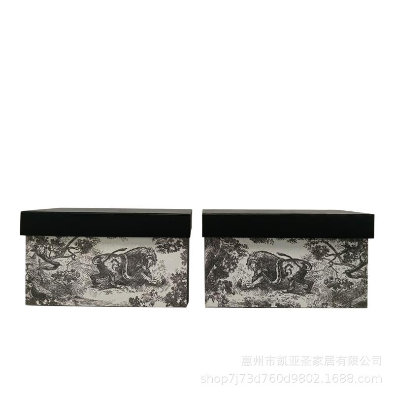 新款木质布艺黑灰动物图纹收纳盒衣帽间衣物分类箱家居储物装饰品