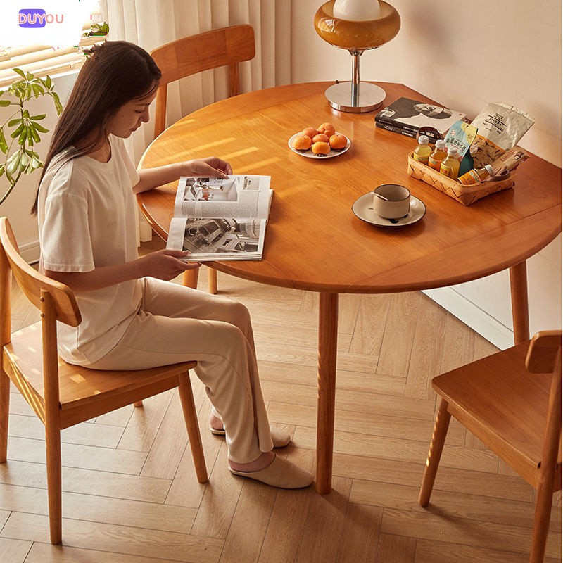 家用小户型实木折叠圆桌方桌可伸缩餐桌椅组合北欧圆餐桌樱桃木色