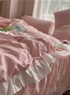 新款韩式优雅紫色四件床套套泡泡主花边被纯色裙公风学生宿舍三件