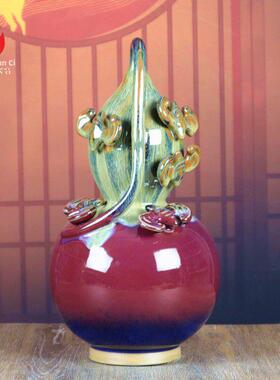 禹州钧瓷花瓶家居客厅中式钧窑陶瓷器工艺品福禄葫芦摆件五福临门