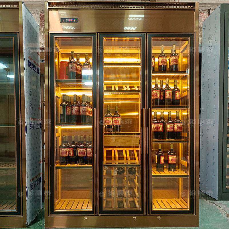 厂家定作酒店餐厅酒窖落地红酒展示柜轻奢不锈钢恒温恒湿酒柜