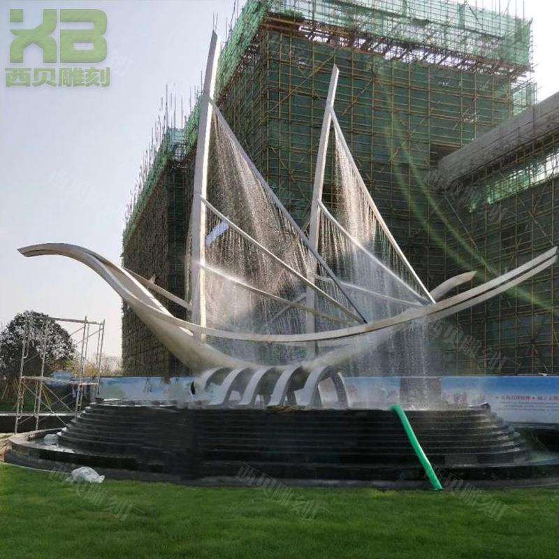大型不锈钢喷泉雕塑 户外城市广场帆船造型扬帆起航景观标志