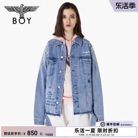 BOYLONDON秋季情侣款翅膀弓箭印花做旧水洗复古蓝牛仔外套N50000