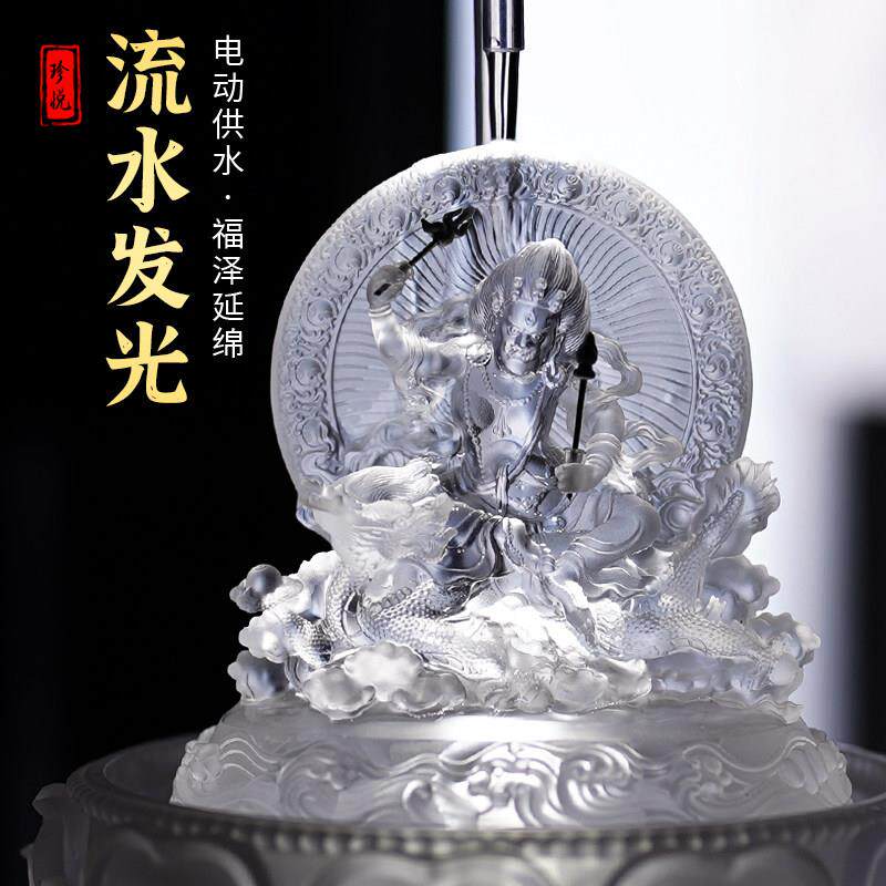 琉璃五路水供黄黑红绿白财神爷佛像循环流水摆件招财客厅浴佛盆