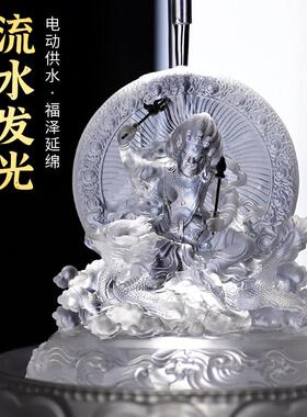 琉璃五路水供黄黑红绿白财神爷佛像循环流水摆件招财客厅浴佛盆