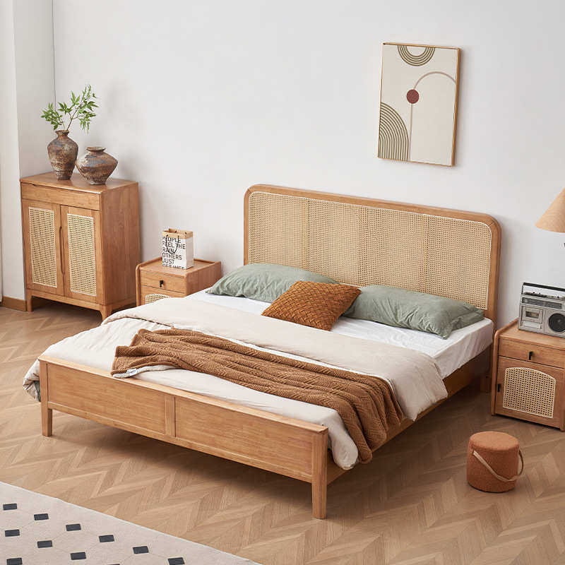 侘寂风藤编实木床小户型家用主卧1.5米1.8双人床民宿酒店原木风床,住宅家具,实木床,淘宝优惠券,粉丝福利购,淘宝优惠卷