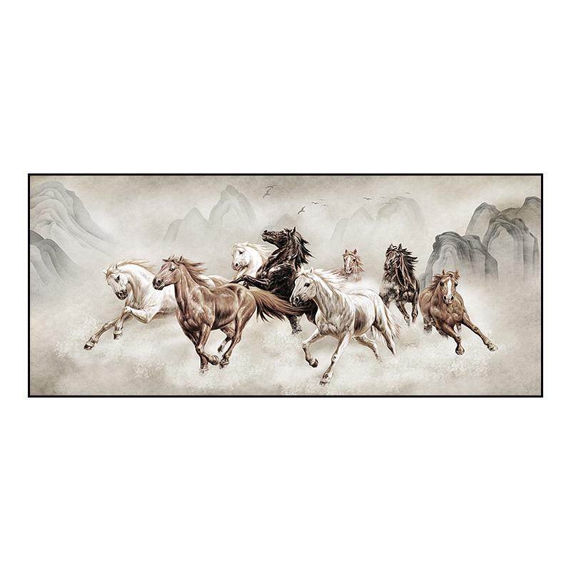 画老板沙发装饰马图背景国画挂画墙壁客厅马到成功骏办公室八骏图