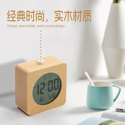 新款LCD夜光学生闹钟贪睡闹铃原木竹木时钟简约时尚夜光座钟