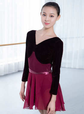 红舞鞋芭蕾舞服体操女儿童丝绒长袖半体练功服跳舞服53061