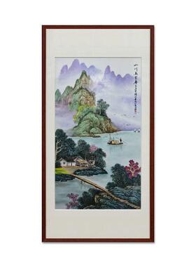 景德镇瓷板画手绘中式山水挂画客厅沙发书房玄关装饰画实木背景画
