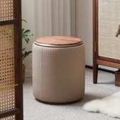 胡桃木落地圆凳实木梳妆凳轻奢高端皮凳坐墩软包矮凳家用化妆凳