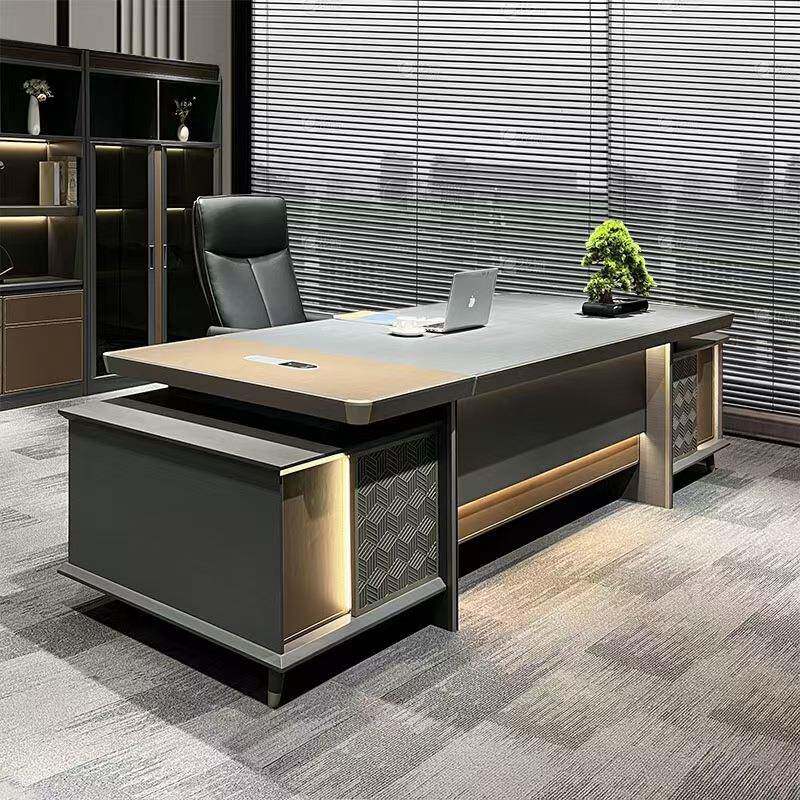 新中式办公桌大班台老板桌扪皮办公室家具高档带灯总裁桌椅组合