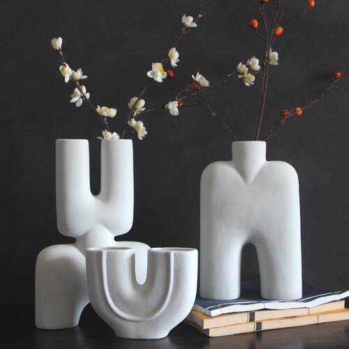 黑白素烧陶瓷花瓶摆件现代简约样板间样品屋展示中心别墅软装饰品