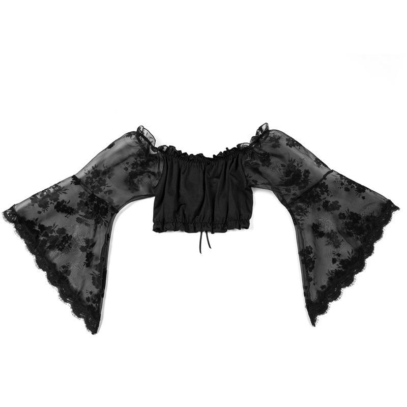 Womens long-sleeved short top lace see-through navel-baring