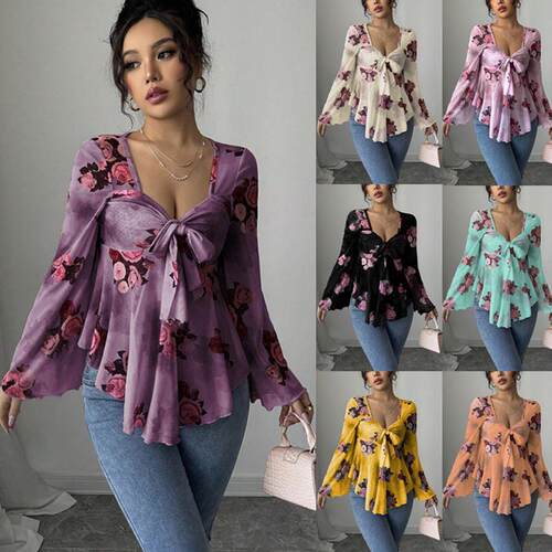 Womens Elegant Chic Floral Tie-Front Long Sleeve Top Stylish