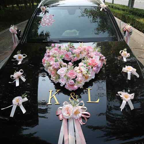 粉色队婚头车装饰花主婚花头车装饰婚礼车F97THMJH花车花车拉花心