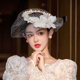 新娘头饰白色礼帽网纱遮面复古法式唯美气质，优雅礼服结婚发饰帽子