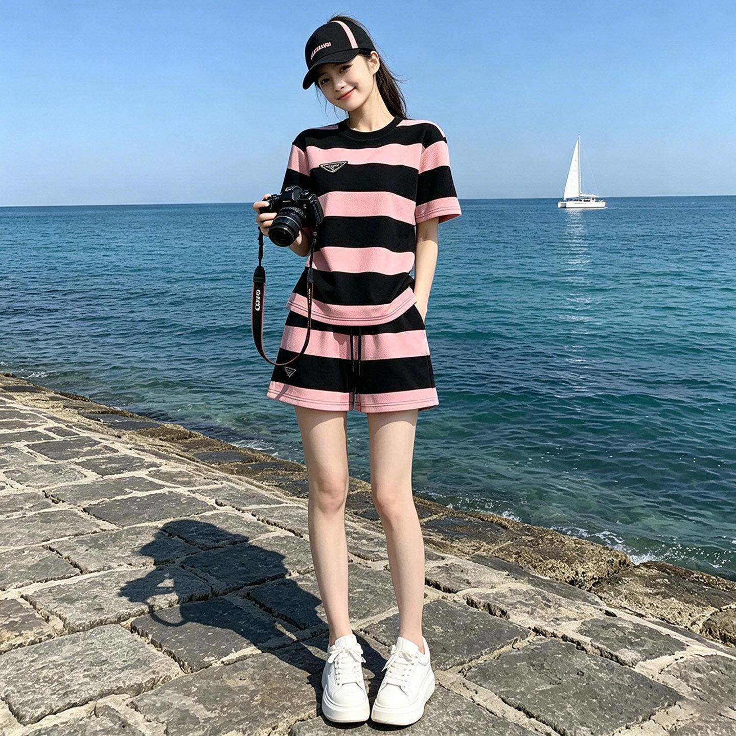 海军风条纹短袖短裤两件套女夏季宽松显瘦休闲运动套装女2026新款