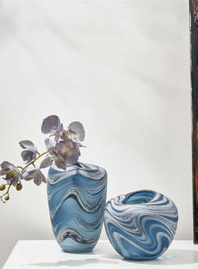 蓝白色玻璃花瓶ins风轻奢高级感透明插花水养创意水培客厅餐桌摆