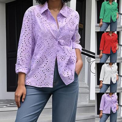 Women's shirt collar embroidered hollowed out plus size