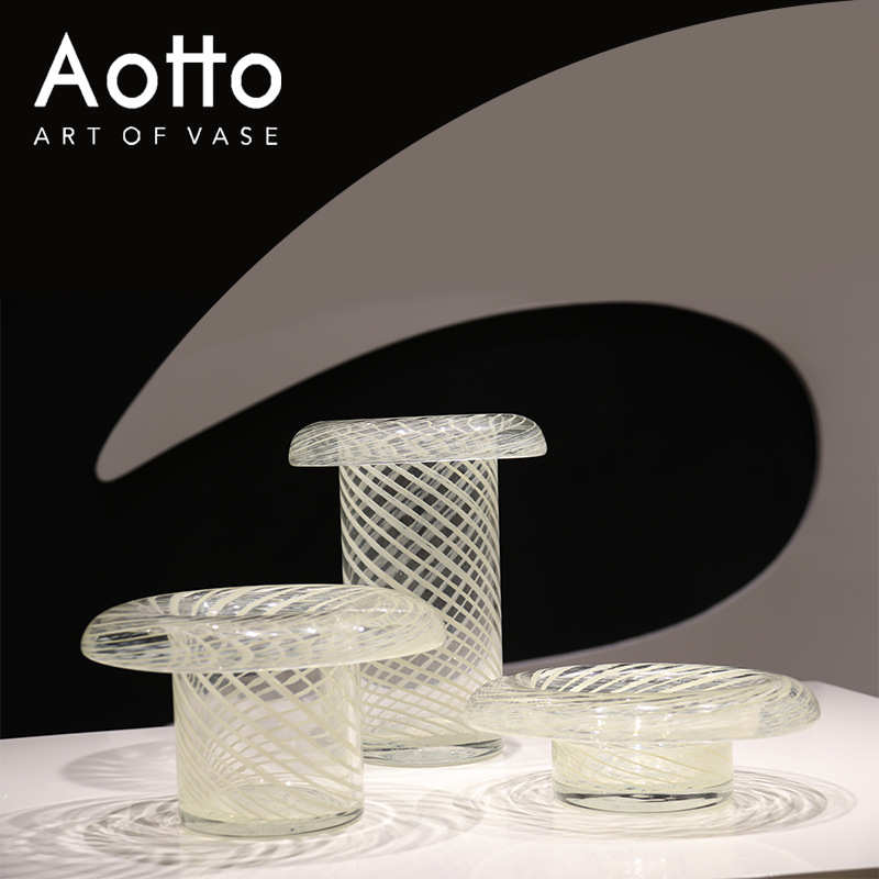 现代简约创意条纹玻璃花瓶样板间客厅台面装饰设计感花器果盘摆件