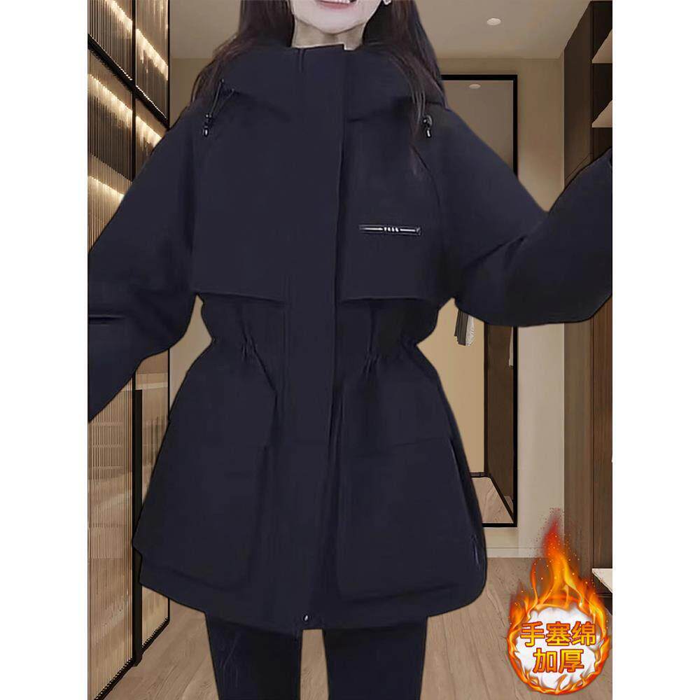 欧洲站时尚中长款加棉加厚派克服2025冬新款收腰连帽休闲棉服外套