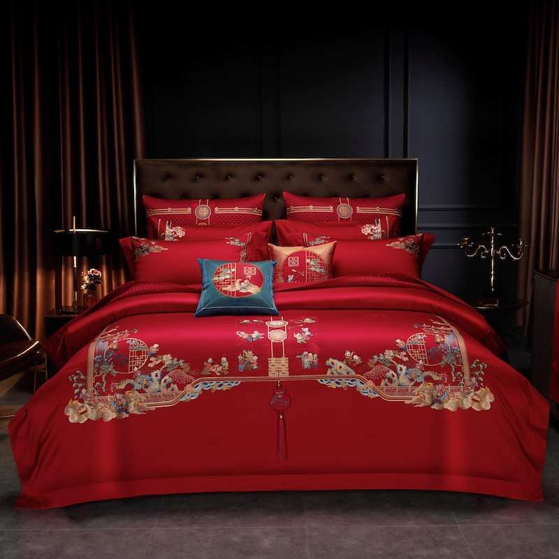 床上用品套结红色房百子棉婚刺绣提花全早生贵子喜布置被婚四件