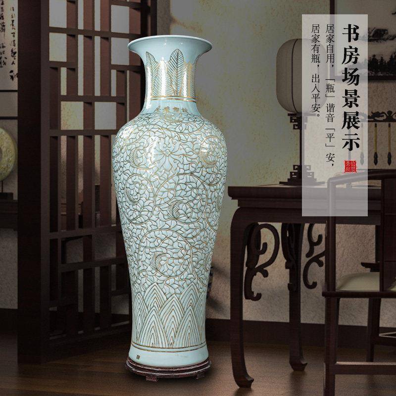 景德镇陶瓷落地大花瓶中式手绘描金雕刻摆件客厅电视柜装饰品特大