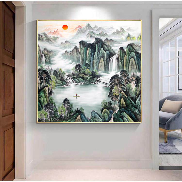 八方聚财有山有水靠山挂画 画流水生财旭日东升聚宝盆招财国画 画