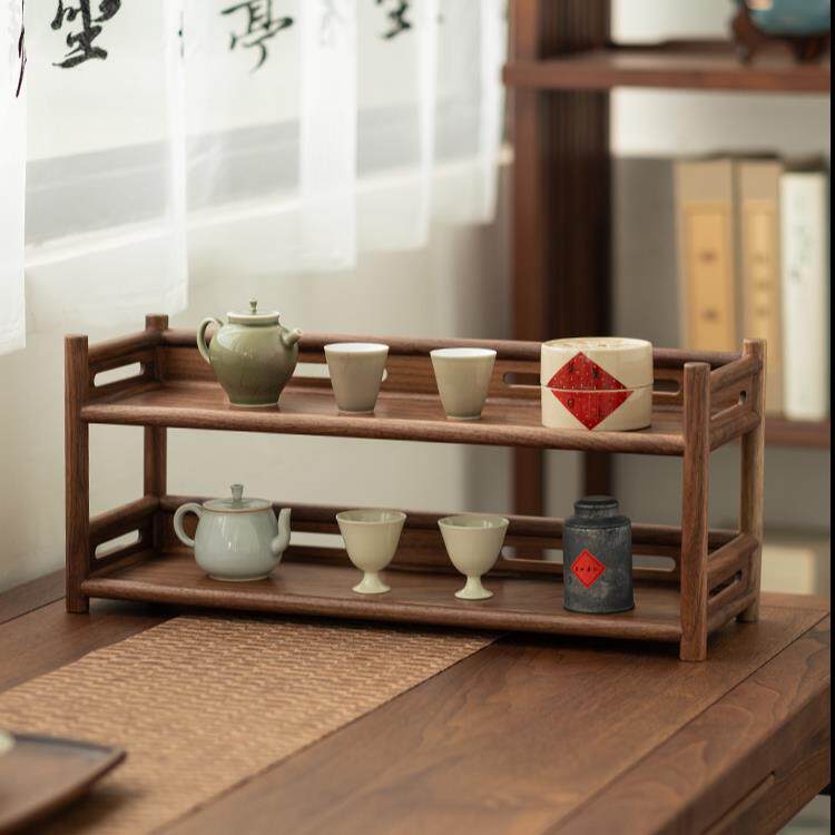 黑胡桃木家用茶杯茶具收纳层架现代简约实木桌面置物架小型博古架