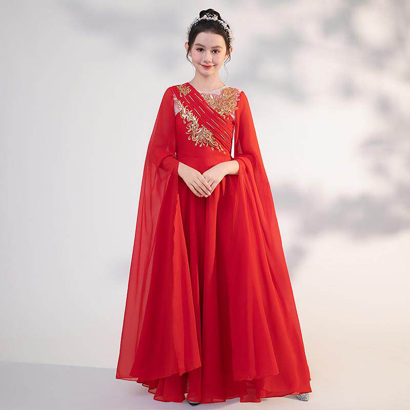 儿童中国红古筝演出礼服新款古风飘逸二胡笛子演奏女童古筝服定制
