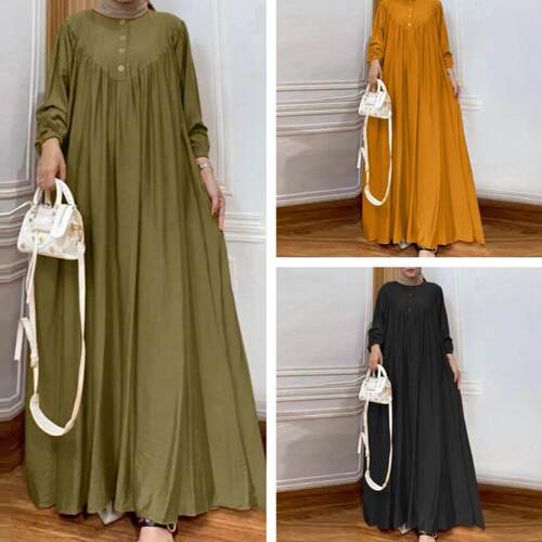 Plain Plicated Button Loose Dress Casual Bishop Sleeve