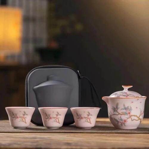 粉汝窑旅行茶具一壶三杯便携式快杯户外露营式茶壶茶杯茶具