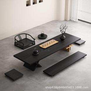 日式茶桌诧寂风实木家用茶台碳化黑色榻榻米茶几白蜡木客厅大长桌