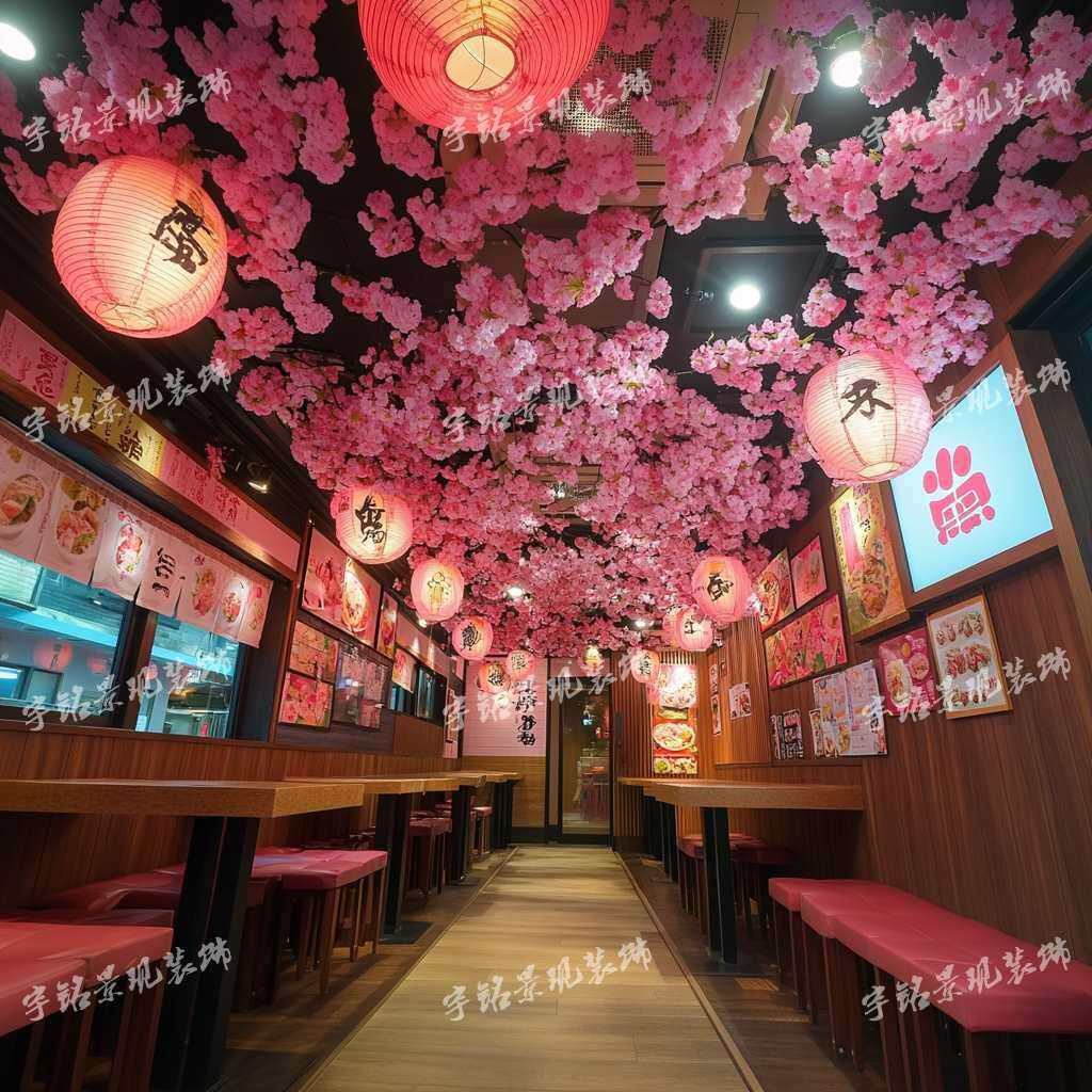 新中式假桃花藤吊顶绿植餐厅商场天花板遮丑装饰屋顶造景