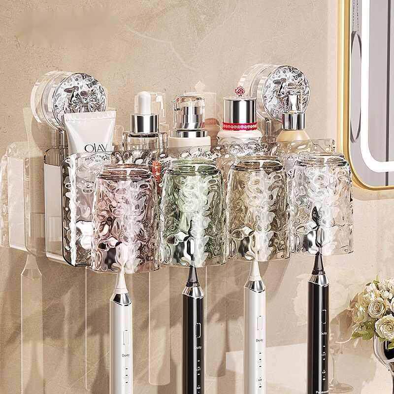 吸盘牙刷置物架免打孔家庭化妆室牙具牙杯架壁挂漱口杯电动牙刷架