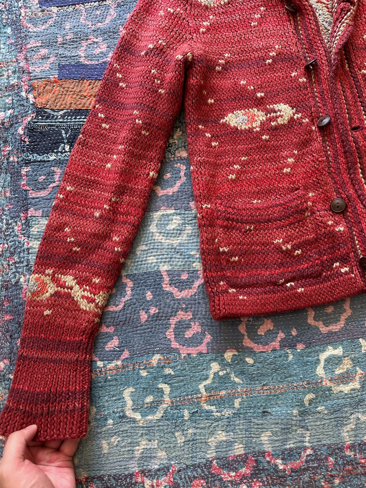 RRL Red Cardigan with Cream Patterns — back