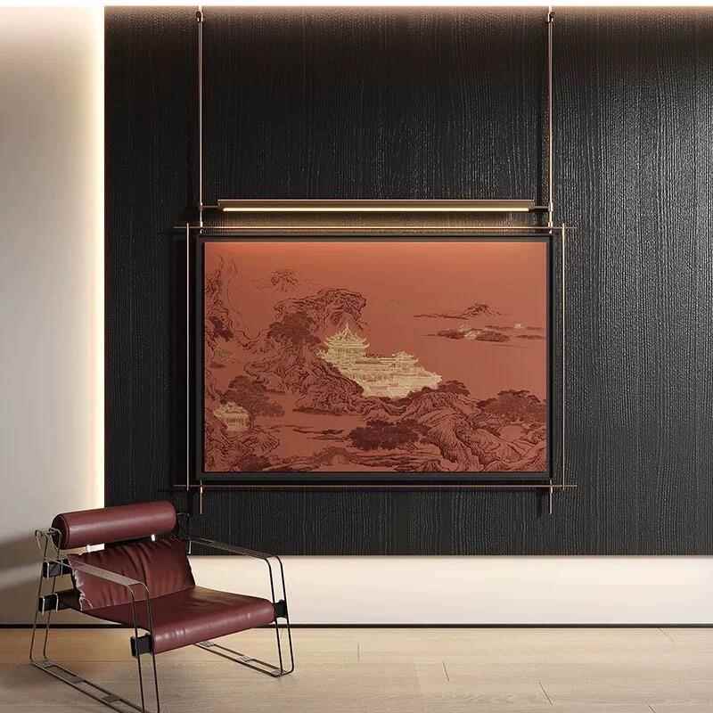 新中式高级感氛围灯挂画金属吊杆装饰茶酒店厅玄关背景墙立体装置图片
