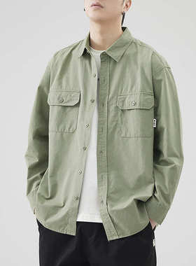 日系工装衬衫男士春秋紫色纯棉复古长袖宽松口袋衬衣百搭休闲外套